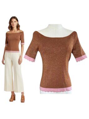 Kate Spade Metallic Knit Sweater Scallop Trim Ribbed M